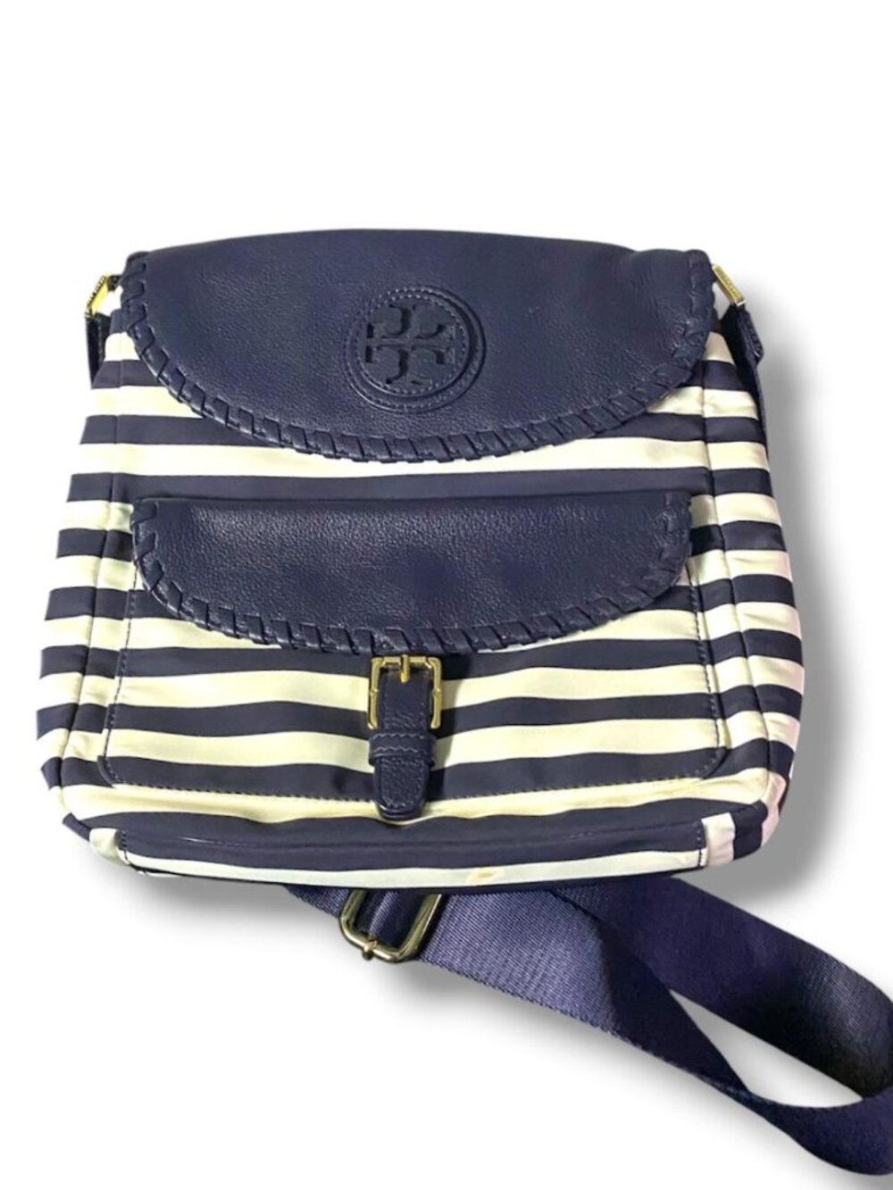Tory Burch Navy and White Striped Crossbody Bag
